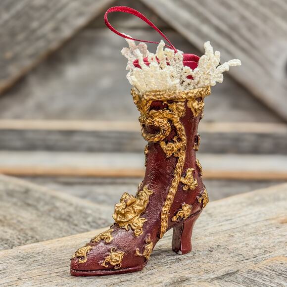 Vintage Old Victorian Style Lace/Satin Top Boot-Red and Gold-Christmas Ornament - Picture 5 of 7